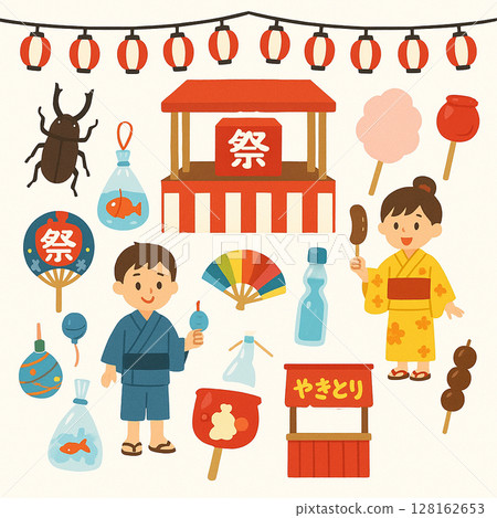 Illustration of a family going to a summer festival Illustration of a family going to a summer festival 128162653