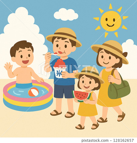 Illustration of a family playing on the beach in summer 128162657