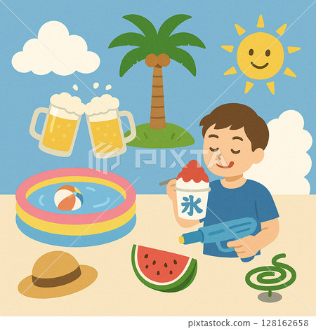 夏天在海邊吃西瓜插畫 128162658