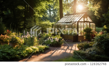 serene garden greenhouse at sunset 128162748