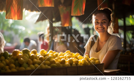 happy tourist at a vibrant fruit market 128162755
