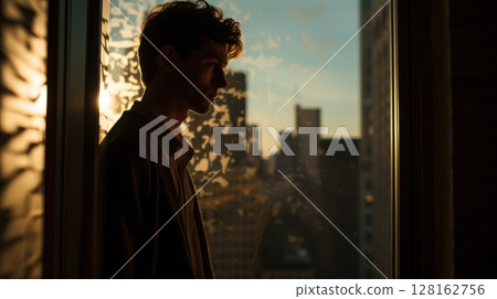 young man contemplative city view window 128162756