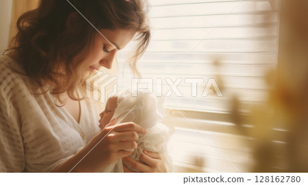 mother and newborn baby by window 128162780