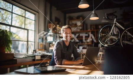 happy freelancer working in creative studio 128162805