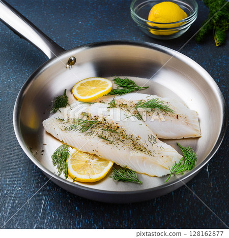 Delicate White Fish Fillets in Pan 128162877