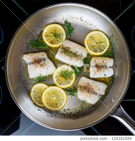Delicate White Fish Fillets in Pan 128162884