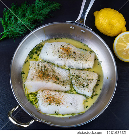 Delicate White Fish Fillets in Pan 128162885