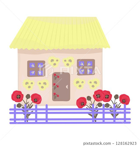 Old traditional Ukrainian house with fence and garden 128162923