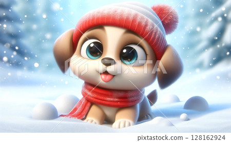 Cute dog illustration in snowy landscape with scarf and wool hat. Christmas celebration time Cute dog illustration in snowy landscape with scarf and wool hat. Christmas celebration time 128162924