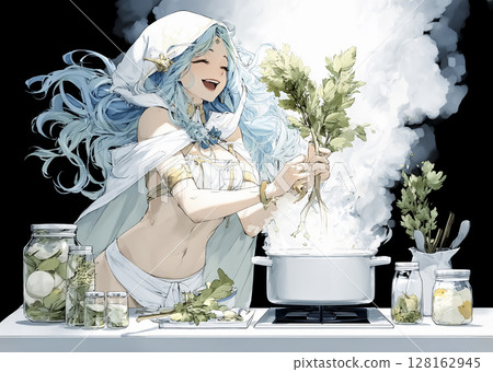 微笑的女巫用魔法製作神秘菜餚的插圖素材 128162945