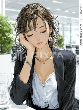 Illustration material of a tired businesswoman dozing off 128162956