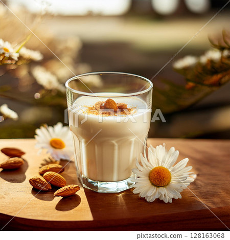 Creamy Drink Garnished with Almond and Spice 128163068
