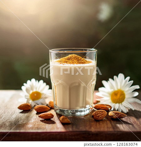 Creamy Drink Garnished with Almond and Spice 128163074