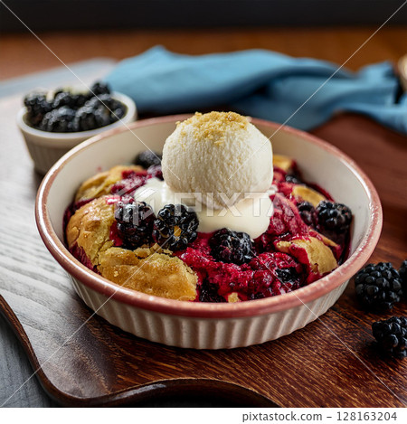 Rustic Berry Cobbler with Vanilla Ice Cream 128163204