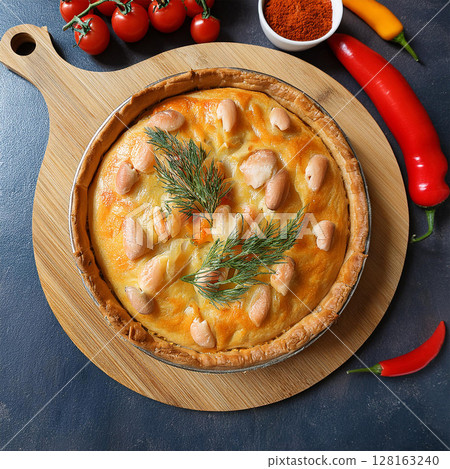 Golden Seafood Pie on Rustic Cutting Board 128163240