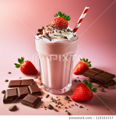Irresistible Strawberry Milkshake with Chocolate Topping 128163257