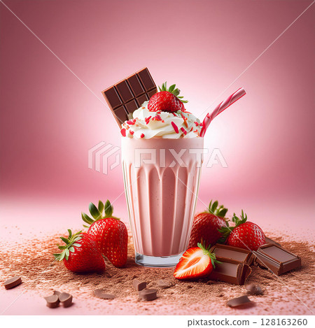 Irresistible Strawberry Milkshake with Chocolate Topping 128163260