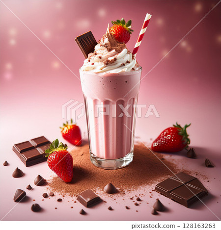 Irresistible Strawberry Milkshake with Chocolate Topping 128163263