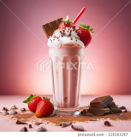Irresistible Strawberry Milkshake with Chocolate Topping 128163267