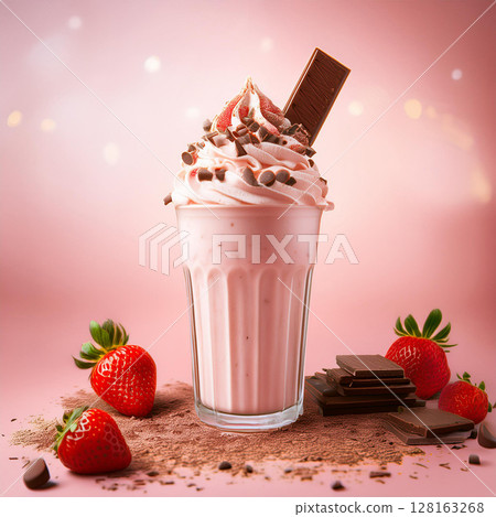 Irresistible Strawberry Milkshake with Chocolate Topping 128163268