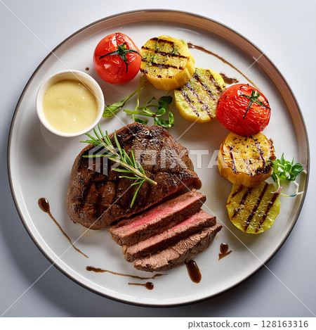 Elegant Grilled Steak with Vegetables and Potatoes 128163316