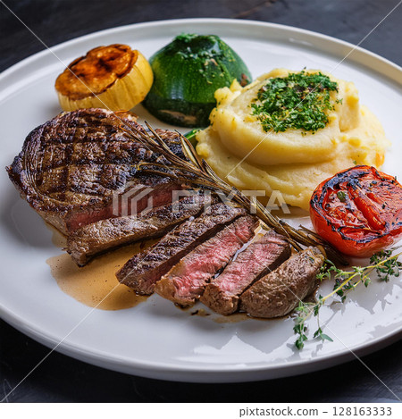 Elegant Grilled Steak with Vegetables and Potatoes 128163333