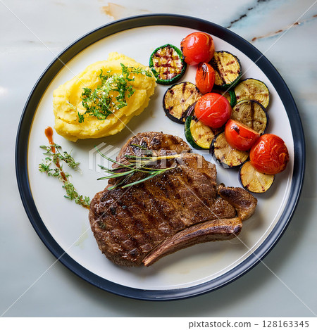 Elegant Grilled Steak with Vegetables and Potatoes 128163345
