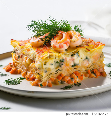 Seafood Lasagna Beautifully Garnished on Plate 128163476