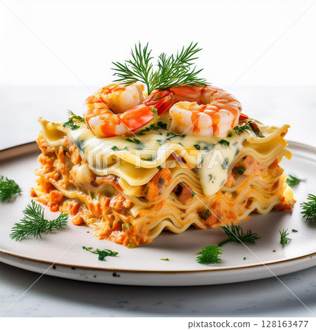 Seafood Lasagna Beautifully Garnished on Plate Seafood Lasagna Beautifully Garnished on Plate 128163477