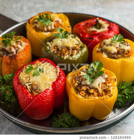 Colorful Stuffed Bell Peppers on Tray Colorful Stuffed Bell Peppers on Tray 128163493