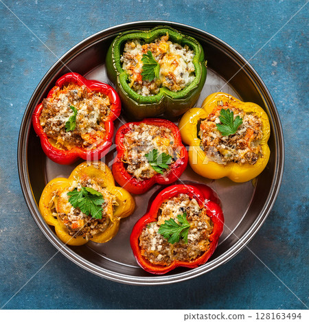 Colorful Stuffed Bell Peppers on Tray 128163494