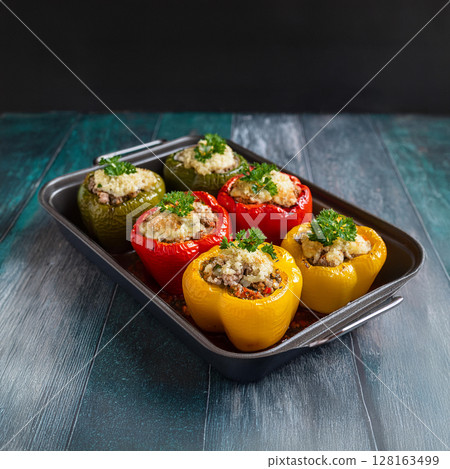 Colorful Stuffed Bell Peppers on Tray 128163499