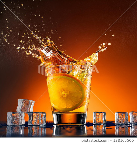 Refreshing Orange Juice Splash in Glass 128163500