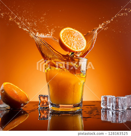 Refreshing Orange Juice Splash in Glass 128163525