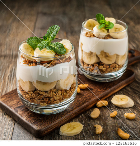 Delicious Banana Yogurt Parfaits on Table 128163616