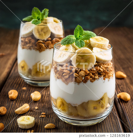 Delicious Banana Yogurt Parfaits on Table 128163619