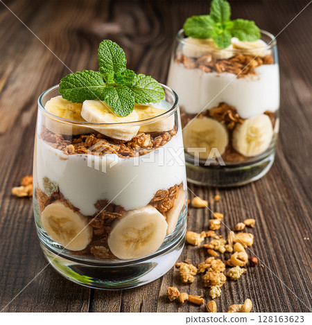 Delicious Banana Yogurt Parfaits on Table 128163623