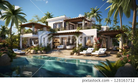 Large white holiday villa, relaxing holiday home surrounded by palm trees in a tropical warm country resort 128163712