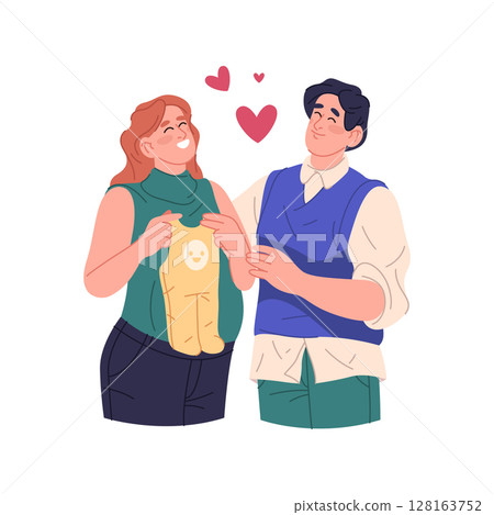 Expecting couple with man and pregnant woman hold baby clothing. Vector future parents preparing for child. Parenthood anticipation and infant waiting. Motherhood and fatherhood partnership. Family. 128163752