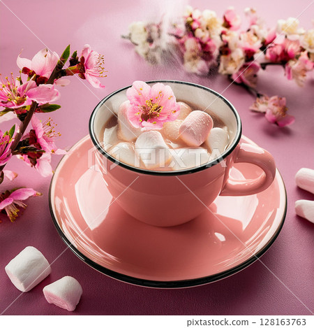 Cozy Pink Cup with Marshmallows and Blossoms Cozy Pink Cup with Marshmallows and Blossoms 128163763