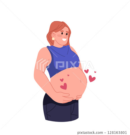 Pregnant woman holding baby bump. Vector future mother in nurturing pose. Female with love and care for unborn baby. Feminine family symbol. New life and lady parenthood. Prenatal child or kid caring. 128163801