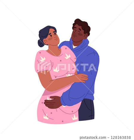 Family support vector clipart with father hug pregnant mother. Planning parenting and expecting child relationship. Family emotional cheering and parenthood, maternity and infant waiting, preparation. 128163838