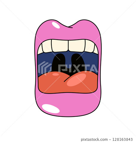Pop art vector icon of wide open mouth. Shout exclamation with teeth and tongue, lipstick. Comic lips speaking or yelling. Loud voice symbol for exaggerated sound. Funny or comic scream, wow effect. Pop art vector icon of wide open mouth. Shout exclamation with teeth and tongue, lipstick. Comic lips speaking or yelling. Loud voice symbol for exaggerated sound. Funny or comic scream, wow effect. 128163843