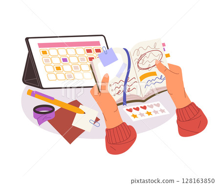 Planning memo notebook and schedule tablet. Vector management and organization sign. Timeline planner and reminder page. Strategy or productivity paper with todo list. Office handwriting or diary. Planning memo notebook and schedule tablet. Vector management and organization sign. Timeline planner and reminder page. Strategy or productivity paper with todo list. Office handwriting or diary. 128163850