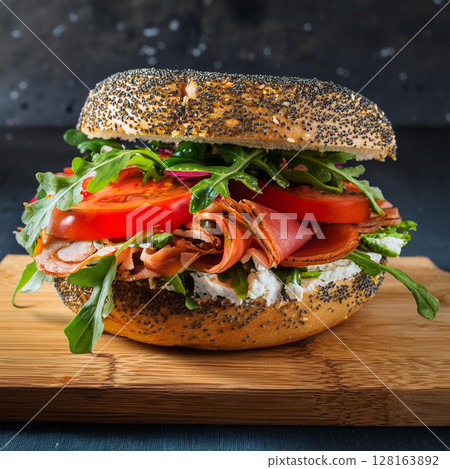 Vibrant Bagel Sandwich on Serving Board 128163892