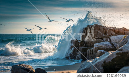 A group of seagulls flying over the ocean. The ocean is rough and the waves are crashing against the rocks 128164089