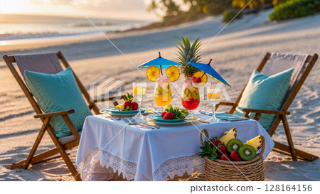 A beach scene with a table set up with drinks and food. The table is surrounded by two beach chairs and a basket of fruit. Scene is relaxed and inviting 128164156