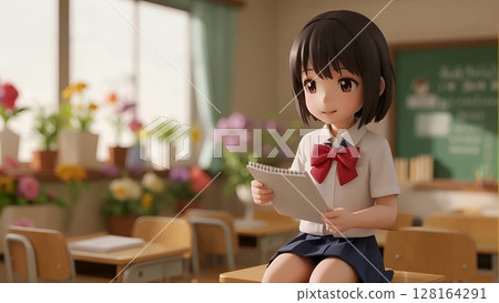 Figure of a high school girl sitting on a desk in a classroom 128164291
