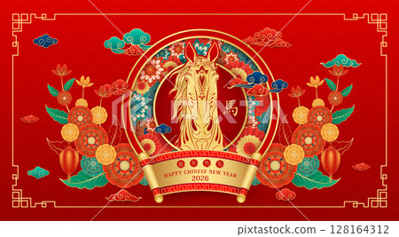Card Happy Chinese New Year 2026. Horse gold zodiac sign on red background with flower cloud and lantern for banner design. China lunar calendar animal. ranslation happy new year, Year of the horse. V 128164312