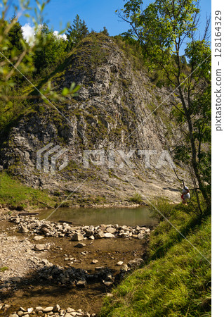 Rocky Mountain Slope and Stream in Lush Summer Landscape 128164329